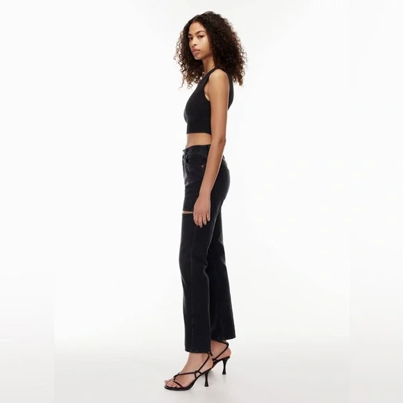 AGOLDE Lana Slice Mid-rise Straight-leg Jeans Distressed Black Gray Leg Hole - Picture 5 of 16